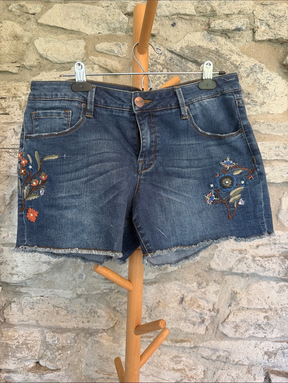 Embroidered Dark Blue Denim Shorts